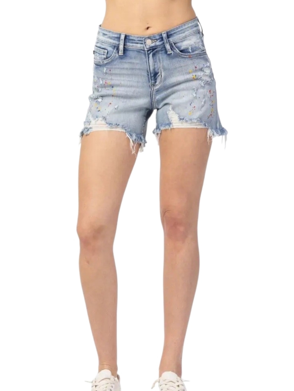 JUDY BLUE Mid Rise Rainbow Paint Splash Cut Off Shorts XL - Picture 4 of 11